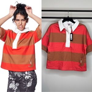 NWT The Kit Rugby Shirt Woodland Rugby Stripe Organic Cotton Spandex Medium NEW